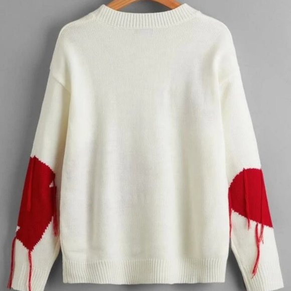 Love One Another Heart Pattern Fringe Trim Sweater - Picture 7 of 9